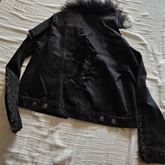 Killstar Black Denim Jacket with Faux Fur Detail - Picture 2 of 6